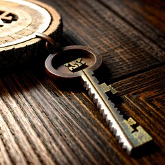Antique Key on Wooden Surface: A close-up, high-angle shot reveals a vintage key resting on a rustic wooden surface, evoking a sense of history, secrets, and access.