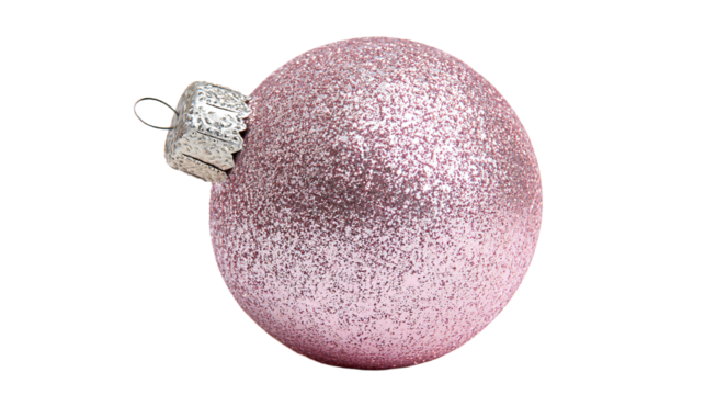 a pink christmas ornament with a silver bow