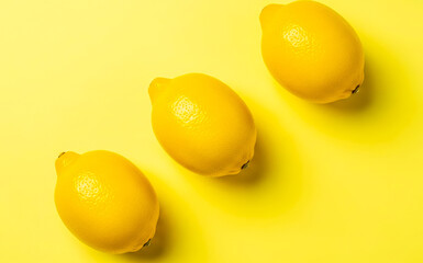 Three lemons arranged diagonally on a bright yellow background.