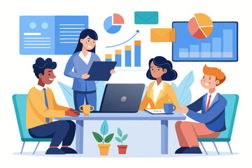 Business Team Meeting with Data Presentation Diverse business team gathered around table discussing data and strategy business meeting teamwork presentation data analysis strategy collaboration office