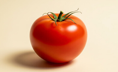 Single red tomato with green stem on a light beige background.