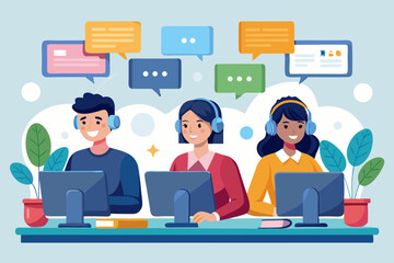 Customer Support Team Working on Computers Three people wearing headphones and sitting computers likely call center customer support call center support team customer service telemarketing