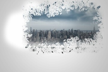 Splash on wall revealing cityscape
