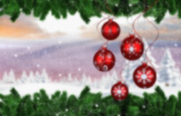 festive flat design showing five red baubles hanging from pine branches over pastel snowy forest