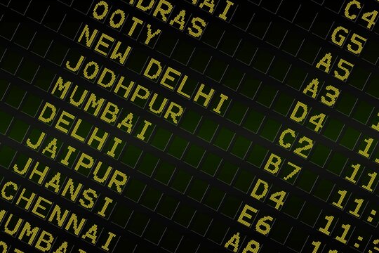 Black airport departures board for india