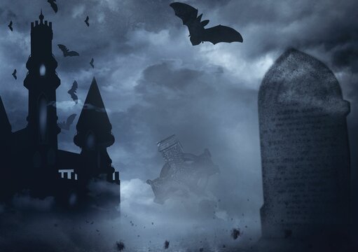Graphic image of bats flying over castle and tombstone