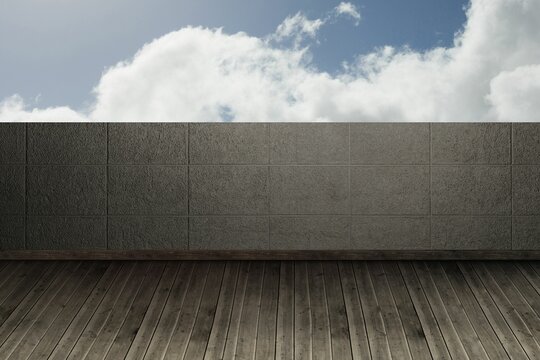 Fototapeta Flat design rooftop deck showing textured stone barrier wall with wood floor and white clouds