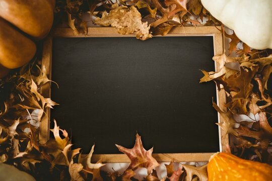 Fototapeta Black screen surrounded by brown leaf
