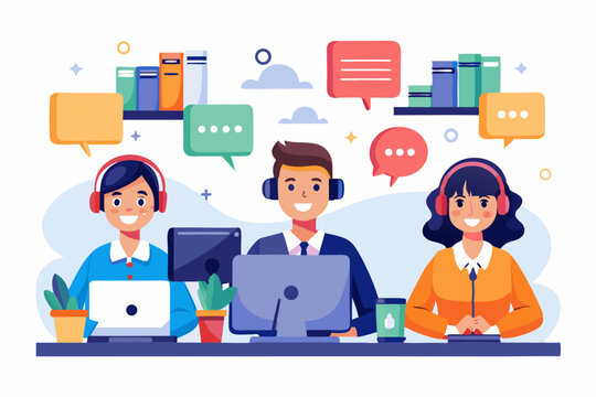 Customer Support Team Working on Computers Three customer service representatives with headsets are working computers surrounded speech bubbles customer service support team call center customer