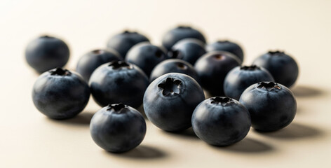Pile of blueberries on a light background close up studio shot.