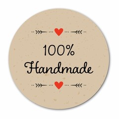 Square image of hundred percent handmade text with hearts on brown circle, with copy space