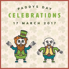 Square image of paddys day celebrations 17 march 2017 text with leprechauns on shamrock background