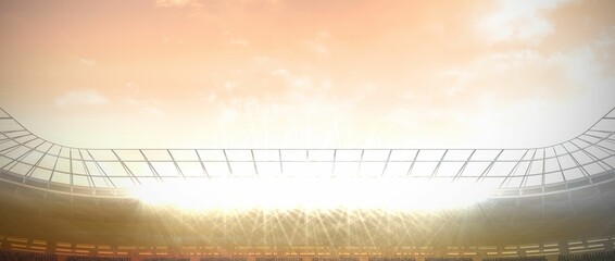 Flat design stadium interior is showing curved roof beams, glowing floodlights at dusk, empty seats