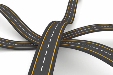 Twisting curved roads showing yellow edges and white dashes in flat design, with white background