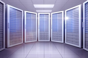 Flat design showing open server cabinets in data center aisle with blue indicator lights