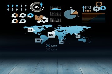 Projecting blue world map on dark wall, showing charts, infographic icons, honeycomb, counters