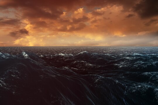 Fototapeta Flat vector illustration is showing rolling ocean waves under glowing amber clouds at horizon line