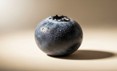 Single blueberry close up on a beige surface with a soft shadow.