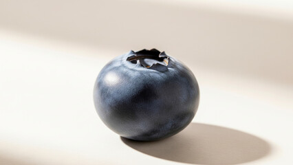 Single blueberry with shadow on plain background.
