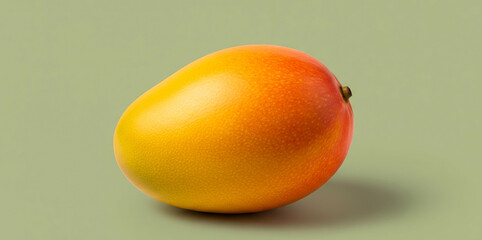 A single mango fruit sits on a light green background with a shadow.