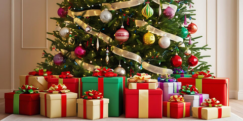 Holiday Tree Surrounded by Wrapped Gifts