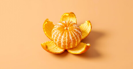 Peeled orange fruit on a peach colored background.
