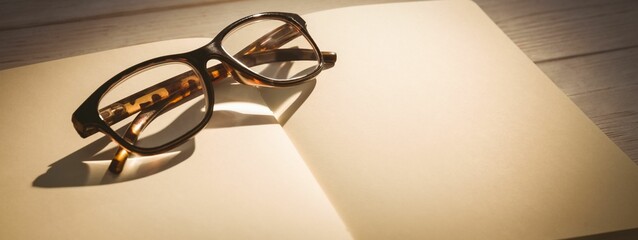 Flat design showing tortoiseshell eyeglasses is resting atop notebook under warm light, copy space
