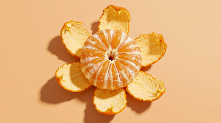 Peeled tangerine with peel arranged around it on a peach-colored surface.