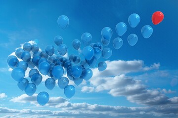 Cluster of blue and red balloons is floating upward in flat sky illustration with clouds
