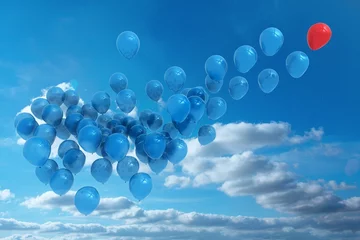 Fototapete Cluster of blue and red balloons is floating upward in flat sky illustration with clouds © vectorfusionart