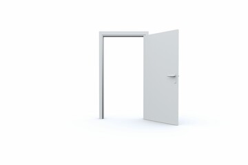 Naklejka premium White hinged door and frame are opening in flat design white backdrop, with silver lever handle