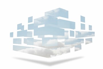 Abstract 3D prism blocks are floating in minimal white void showing sky and cloud textures