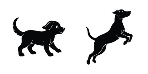 Playful Puppy Chasing Tail Flat Silhouette on White Background