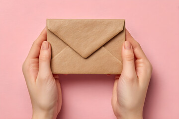 Fototapeta premium Hands holding a brown kraft paper envelope on pink