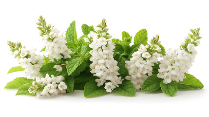 Blooming Mint Plant with White Flowers and Green Leaves on White