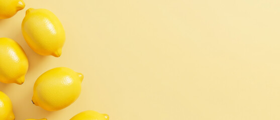 Several lemons are arranged on a pale yellow background with copy space.