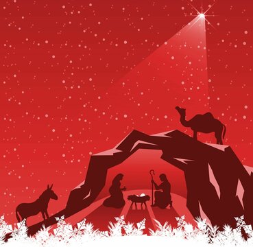 Fototapeta Illustration of nativity scene at night