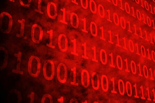 Shiny red binary code on black background