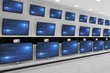 TV screens are filling black shelf in showroom, with price tags, glossy tiles and recessed lights
