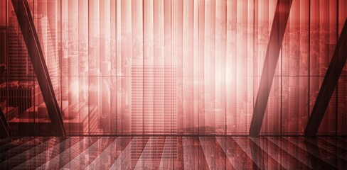 City seen through red pattern window
