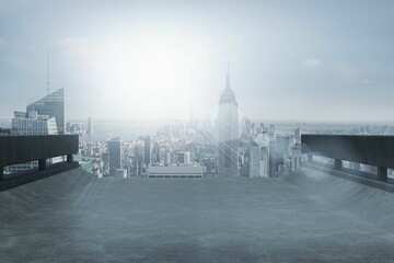 Flat design rooftop terrace is showing urban skyline with skyscraper, metal railings and lens flare