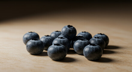 Pile of blueberries on a wooden surface with soft lighting.