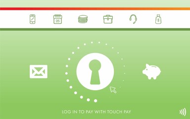 Image of green touch pay screen with text, digital media and central keyhole symbols, copy space
