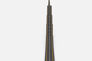 Asphalt road is extending in flat design with dashed white centerline and yellow edge, copy space