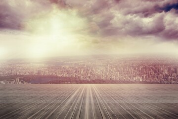 Flat design is showing wooden terrace platform overlooking city skyline with sun rays and park lake