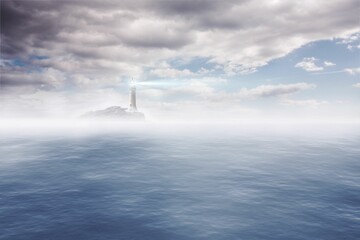 Flat vector art is showing solitary white lighthouse shining light on rocky islet amid misty sea