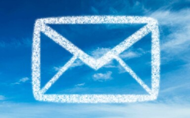 Flat design is showing envelope-shaped cloud forming against blue sky with wispy cirrus clouds