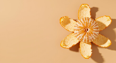 Peeled orange skin arranged in flower shape on a beige background.