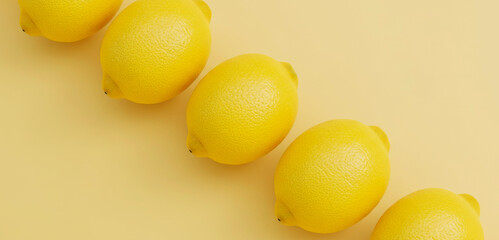 Five lemons are arranged in a diagonal line on a yellow background.