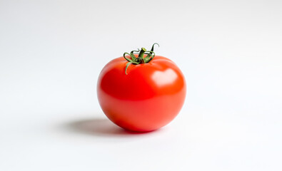 A single red tomato with green stem on a plain white background.